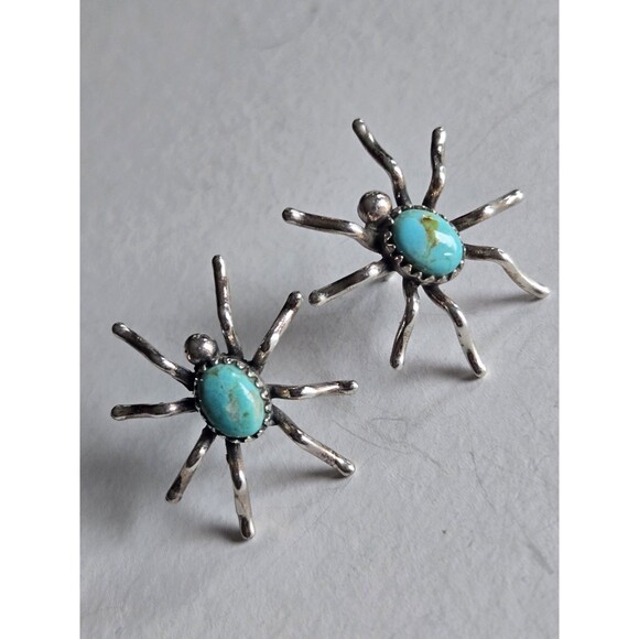 Genuine Turquoise Sterling Silver Spider Stud Earrings Pierced Boho Southwestern - Picture 2 of 11